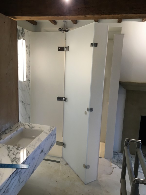 Bespoke frosted glass shower enclosure in Acton luxury bathroom